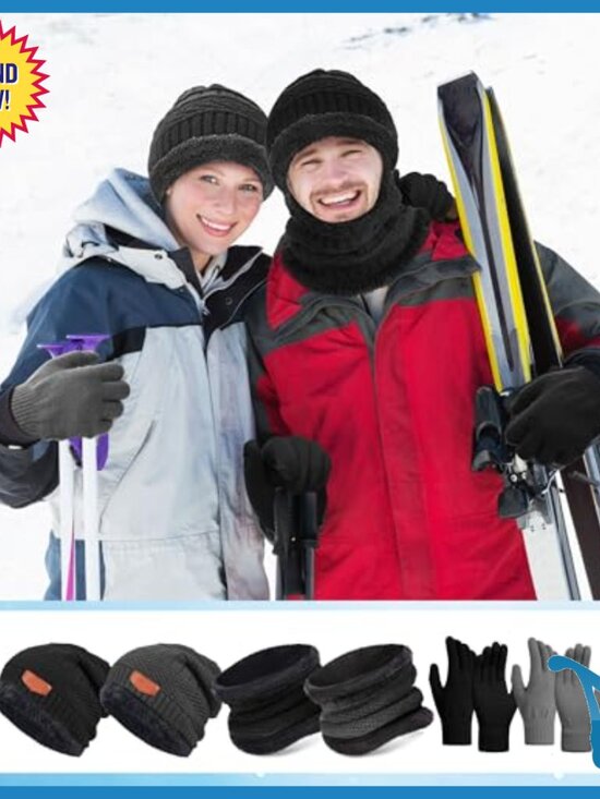 150-Piece Winter Knit Beanie Scarf Gloves Set Acrylic Fleece Lined